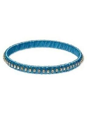 Rich India Turquoise Blue Satin Crystal Fabric Wrapped Brass Bangle Bracelet